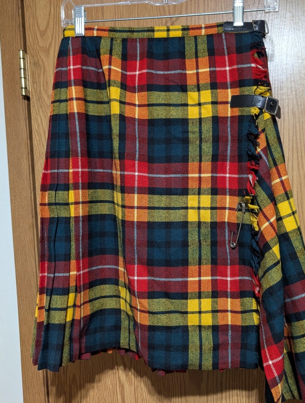 Vtg Mosbrook Wool Tartan Yellow Plaid Pinned Wrap Kilt Skirt Womens M Pleated
